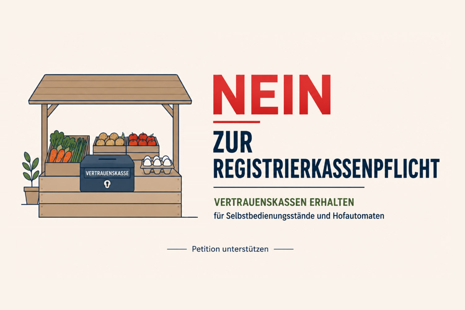 Illustration: SB-Stand mit Vertrauenskasse, Nein zur Registrierkassenpflicht