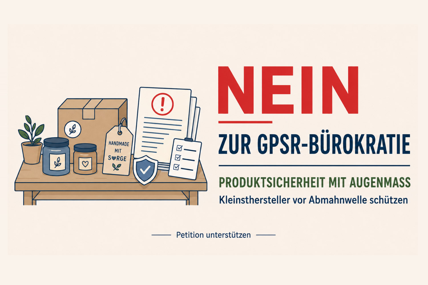 Illustration: Selbstgemachte Produkte mit Etiketten, Nein zur GPSR-Bürokratie